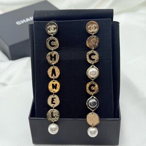 Chanel COCO CHANEL Logo Gold Disc Pearl Dangle Statement Earrings